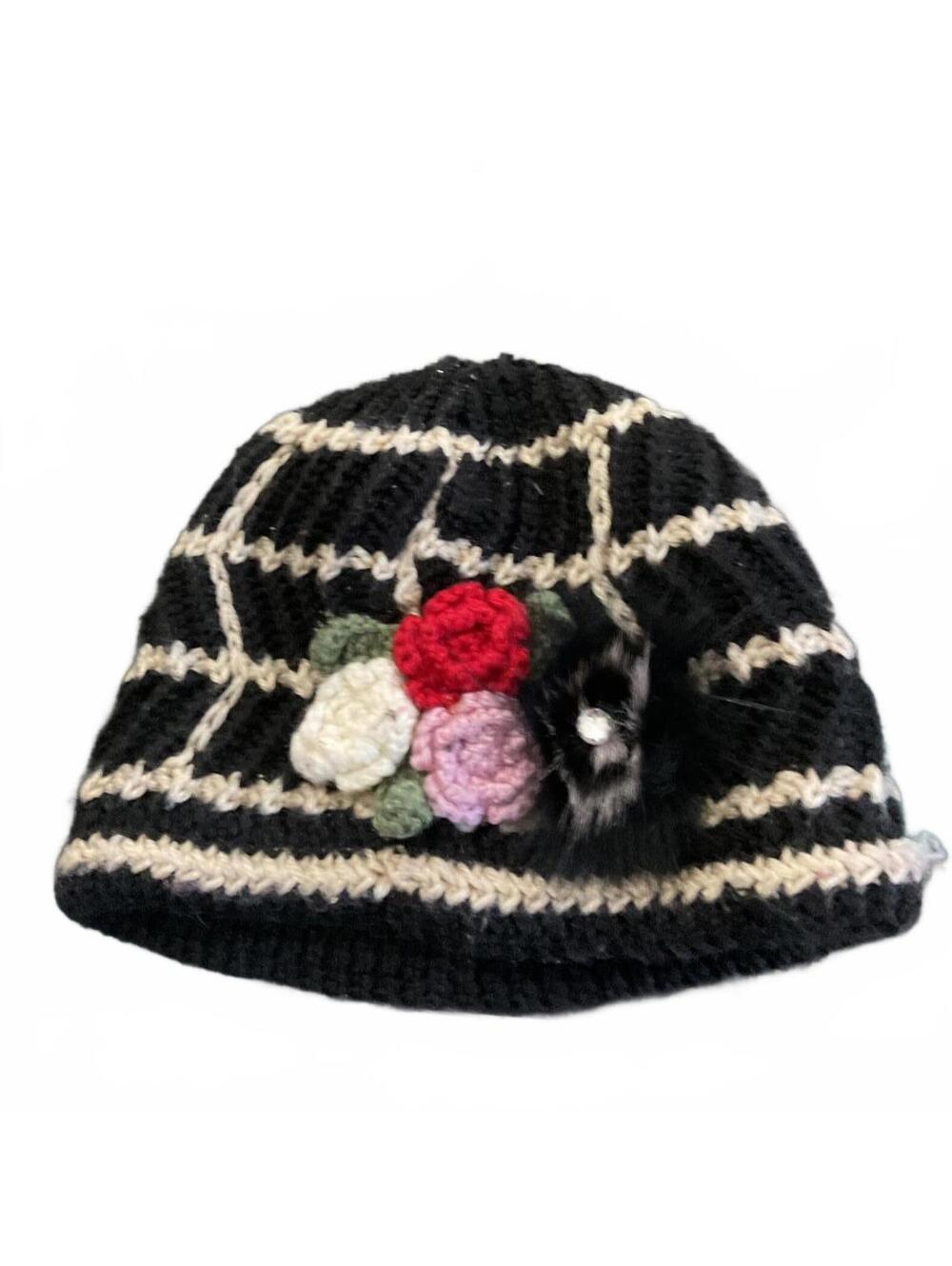 Cozy Handmade Black Crochet Beanie with Floral/ Feather Accent
